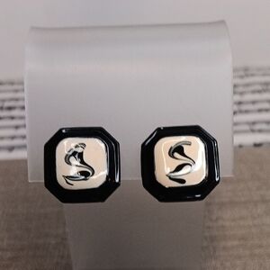 Estate Black and Cream Enamel Octagonal Clip Earrings Vintage
